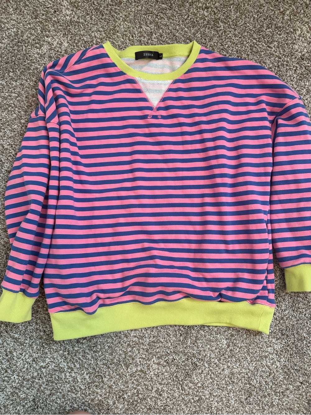 Zesica Striped Knit Top in Pink, Blue & Neon Yellow Trim